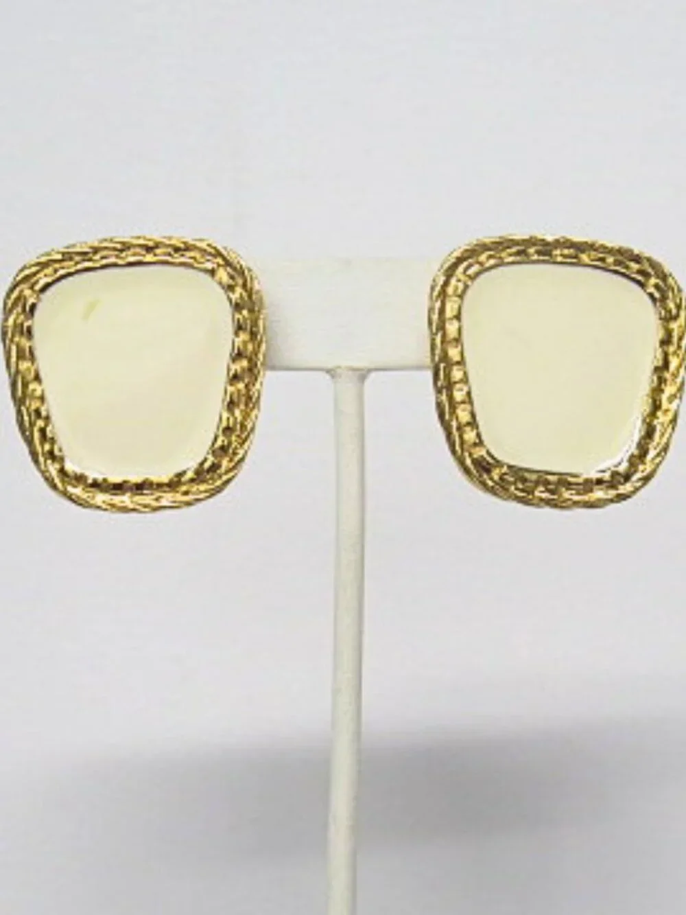 Vintage Avon Ivory Enamel Gold Tone Square Statement Earrings